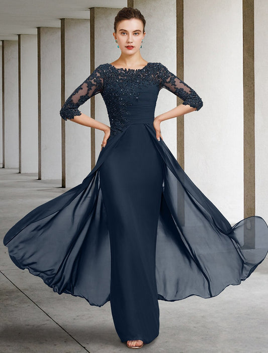 Sheath / Column Mother of the Bride Dress Wedding Guest Elegant Jewel Neck Floor Length Chiffon Lace Half Sleeve with Sequin Ruching Solid Color