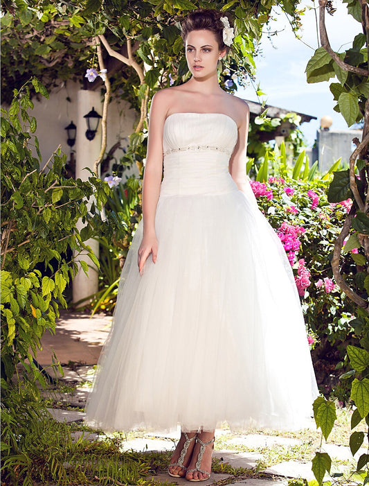 Beach Wedding Dresses Ball Gown Strapless Sleeveless Ankle Length Tulle Bridal Gowns With Ruched Beading