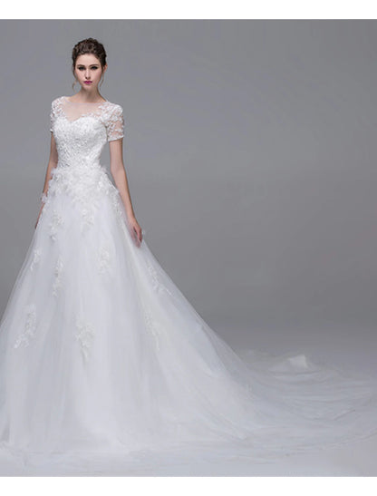 Wedding Dresses A-Line Illusion Neck Short Sleeve Cathedral Train Tulle Bridal Gowns With Pearl Beading