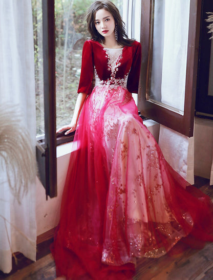 A-Line Glittering Cut Out Party Wear Formal Evening Dress Illusion Neck Half Sleeve Floor Length Velvet with Sequin Appliques