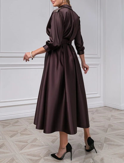 A-Line Cocktail Dresses Elegant Dress Wedding Guest Evening Party Tea Length 3/4 Length Sleeve Shirt Collar Satin with Pleats