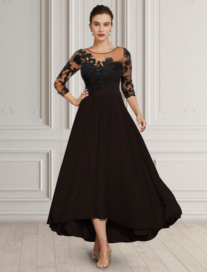 Mother of the Bride Dress Elegant High Low Jewel Neck Asymmetrical Tea Length Chiffon Lace 3/4 Length Sleeve with Appliques