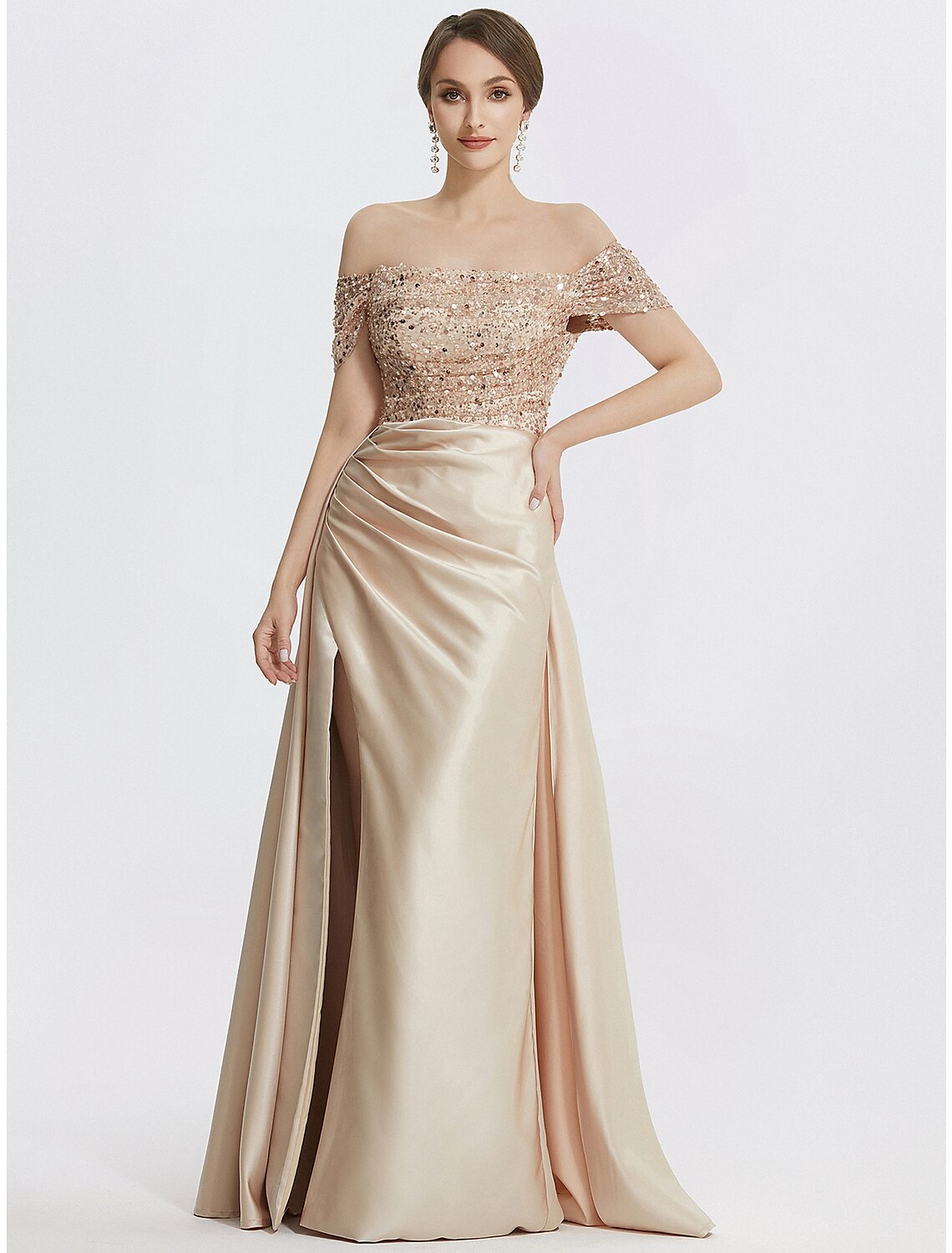 Sheath / Column Evening Gown Elegant Dress Formal Floor Length Short Sleeve Off Shoulder Sequined with Glitter Pleats Slit