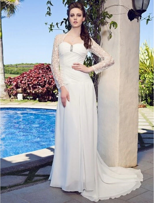 Beach Wedding Dresses Sheath / Column Sweetheart Long Sleeve Court Train Chiffon Bridal Gowns With Ruched Beading