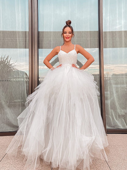 A-Line/Princess Sleeveless V-neck Tulle Ruched Floor-Length Wedding Dresses