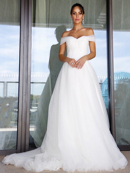 A-Line/Princess Sleeveless Tulle Off-the-Shoulder Ruched Sweep/Brush Train Wedding Dresses