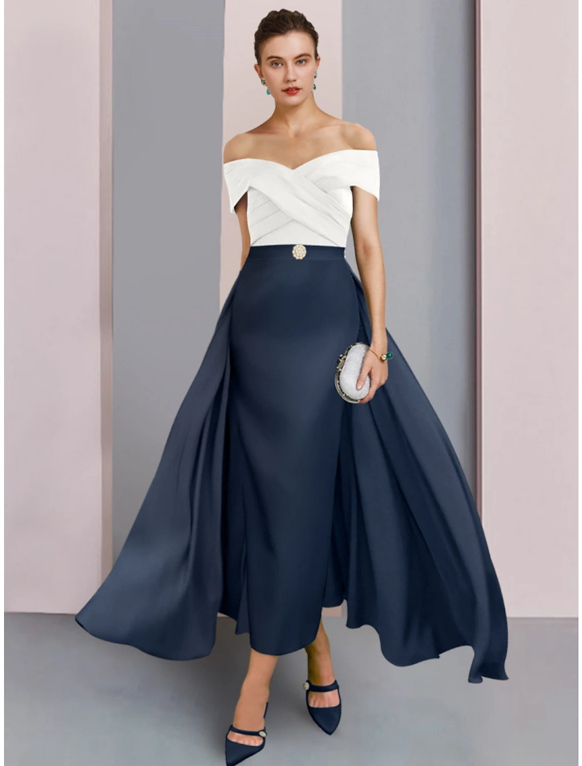 A-Line Mother of the Bride Dress Wedding Guest Elegant Off Shoulder Ankle Length Stretch Fabric Short Sleeve with Crystal Brooch Ruching