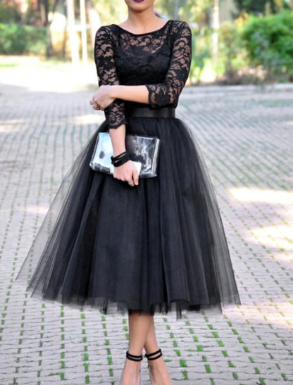 A-Line Cocktail Black Dress Vintage Dress Halloween Ankle Length 3/4 Length Sleeve Jewel Neck Fall Wedding Guest Tulle with Pleats Lace Insert