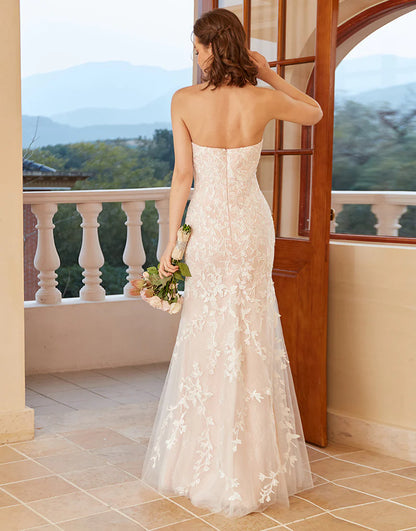 Mermaid Deep V Neck Lace Tulle Wedding Dress with Appliques