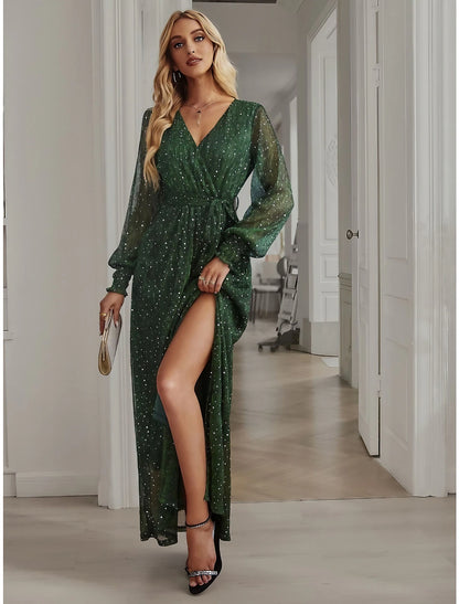 A-Line Party Dresses Sparkle & Shine Dress Birthday Fall Ankle Length Long Sleeve V Neck Chiffon with Glitter Sequin Slit