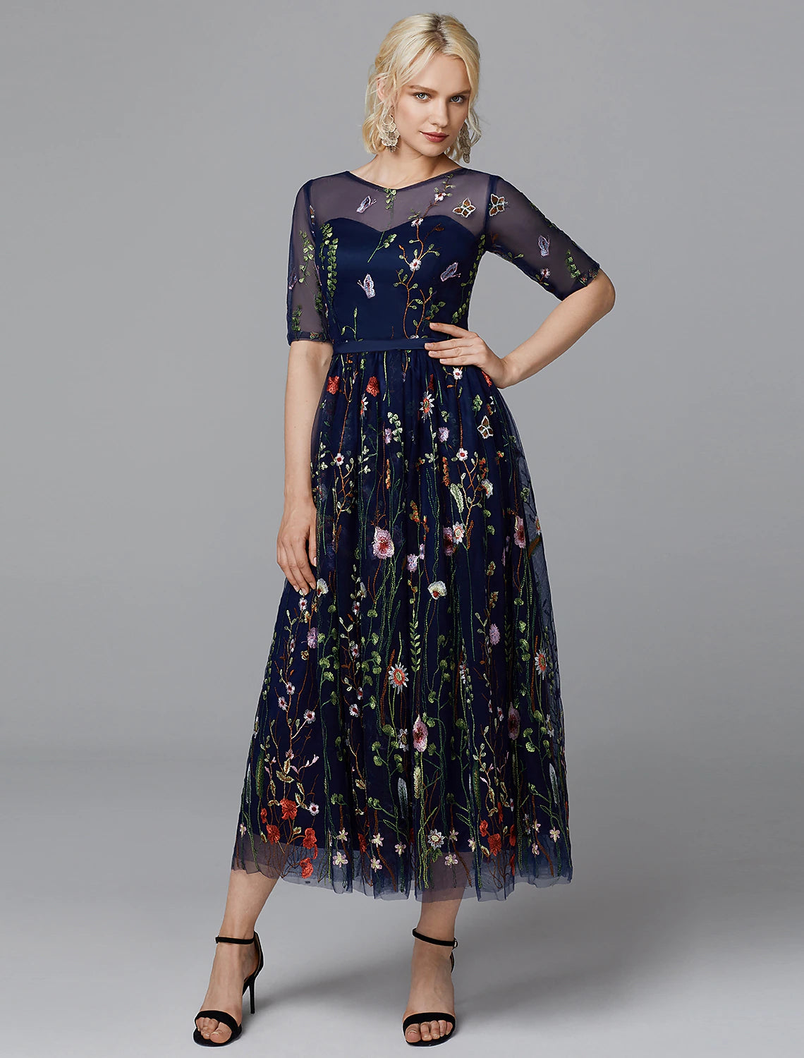 A-Line Floral Dress Valentine's Day Wedding Guest Tea Length Half Sleeve Illusion Neck Lace with Embroidery Appliques