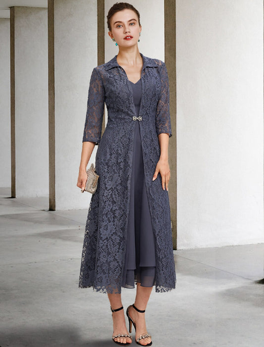 A-Line Mother of the Bride Dress Elegant V Neck Tea Length Chiffon Lace Sleeveless Jacket Dresses with Tier Solid Color