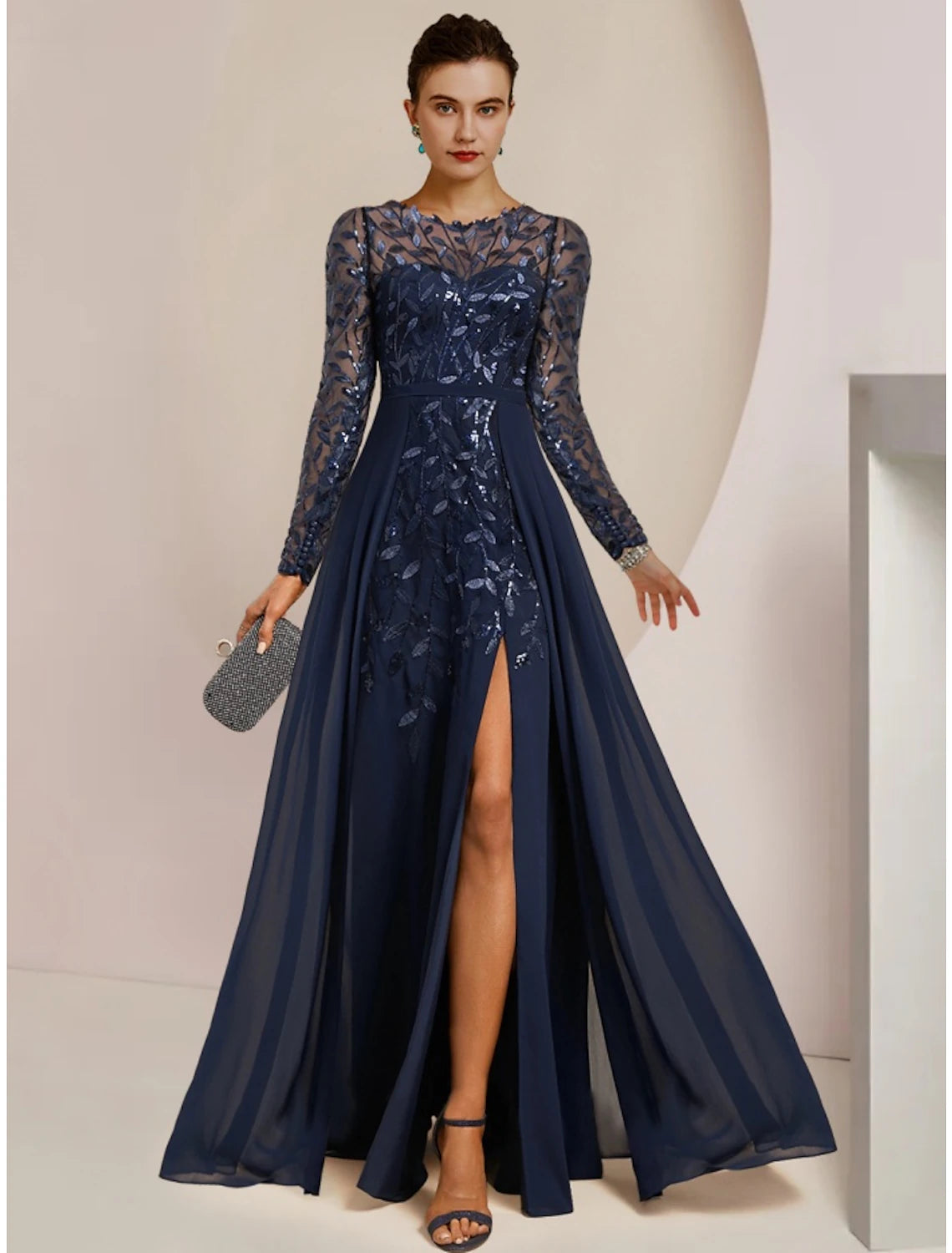 A-Line Mother of the Bride Dress Wedding Guest Elegant Jewel Neck Floor Length Chiffon Lace Sequined Long Sleeve with Split Front Ruching Solid Color