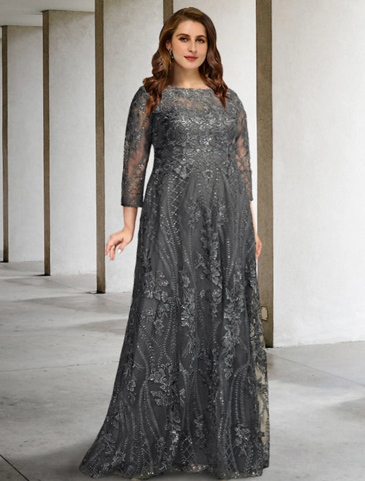 A-Line Mother of the Bride Dresses Plus Size Hide Belly Curve Elegant Dress Formal Sweep / Brush Train Long Sleeve Jewel Neck Chiffon with Appliques