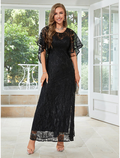 A-Line Wedding Guest Dresses Elegant Dress Party Wear Wedding Party Ankle Length Half Sleeve Jewel Neck Lace with Ruffles Appliques