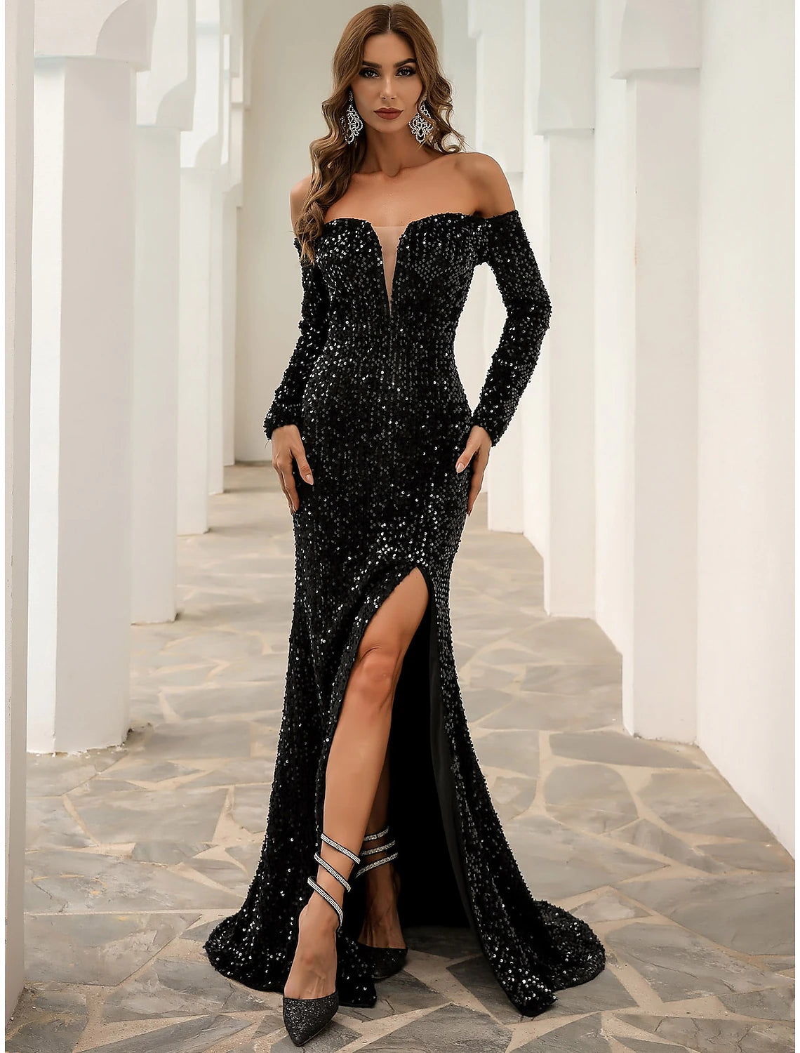 Black Formal A-Line Evening Gown Sparkle & Shine Dress Fall Sweep / Brush Train Long Sleeve Off Shoulder Velvet with Sequin Slit