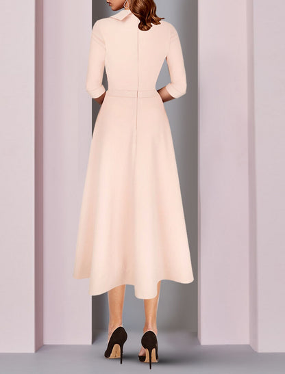 A-Line Mother of the Bride Dress Elegant High Low Jewel Neck Asymmetrical Tea Length Satin 3/4 Length Sleeve with Sash / Ribbon Solid Color