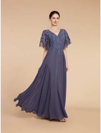 A-Line Mother of the Bride Dress Plus Size Elegant V Neck Floor Length Chiffon Lace Short Sleeve with Pleats Beading Appliques