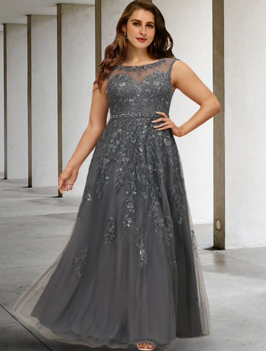 A-Line Mother of the Bride Dresses Plus Size Hide Belly Curve Elegant Dress Formal Floor Length Sleeveless Jewel Neck Lace with Beading Sequin Appliques