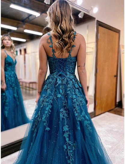 Ball Gown A-Line Prom Dresses Sparkle & Shine Dress Formal Wedding Party Dress Floor Length Sleeveless V Neck Tulle Backless with Glitter Appliques