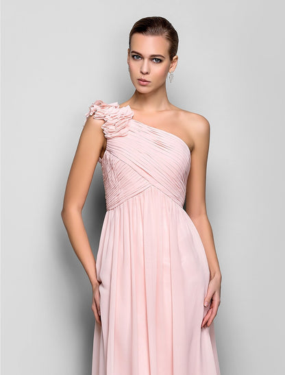 Sheath / Column Open Back Dress Prom Floor Length Sleeveless One Shoulder Chiffon with Criss Cross Ruched Flower