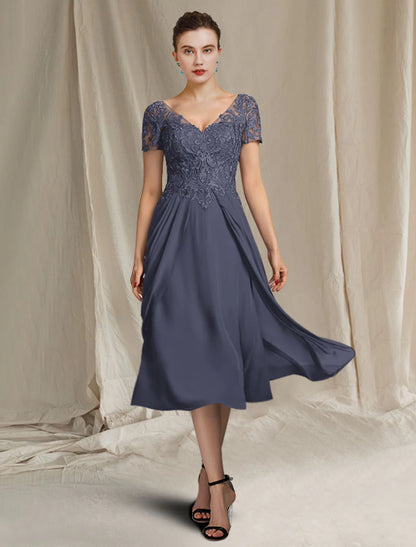 A-Line Mother of the Bride Dress Plus Size Elegant V Neck Tea Length Chiffon Lace Short Sleeve Wrap Included with Appliques