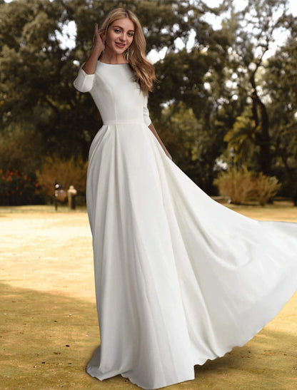 Hall Casual Fall Wedding Dresses A-Line Scoop Neck 3/4 Length Sleeve Sweep / Brush Train Stretch Fabric Bridal Gowns With Pleats Solid Color