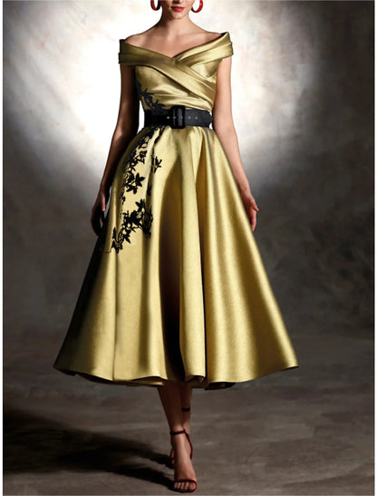 A-Line Cocktail Dresses Elegant Dress Formal Wedding Guest Tea Length Sleeveless Off Shoulder Satin with Pleats Appliques