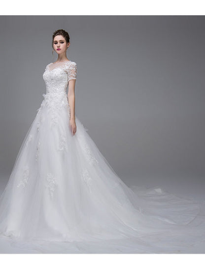 Wedding Dresses A-Line Illusion Neck Short Sleeve Cathedral Train Tulle Bridal Gowns With Pearl Beading