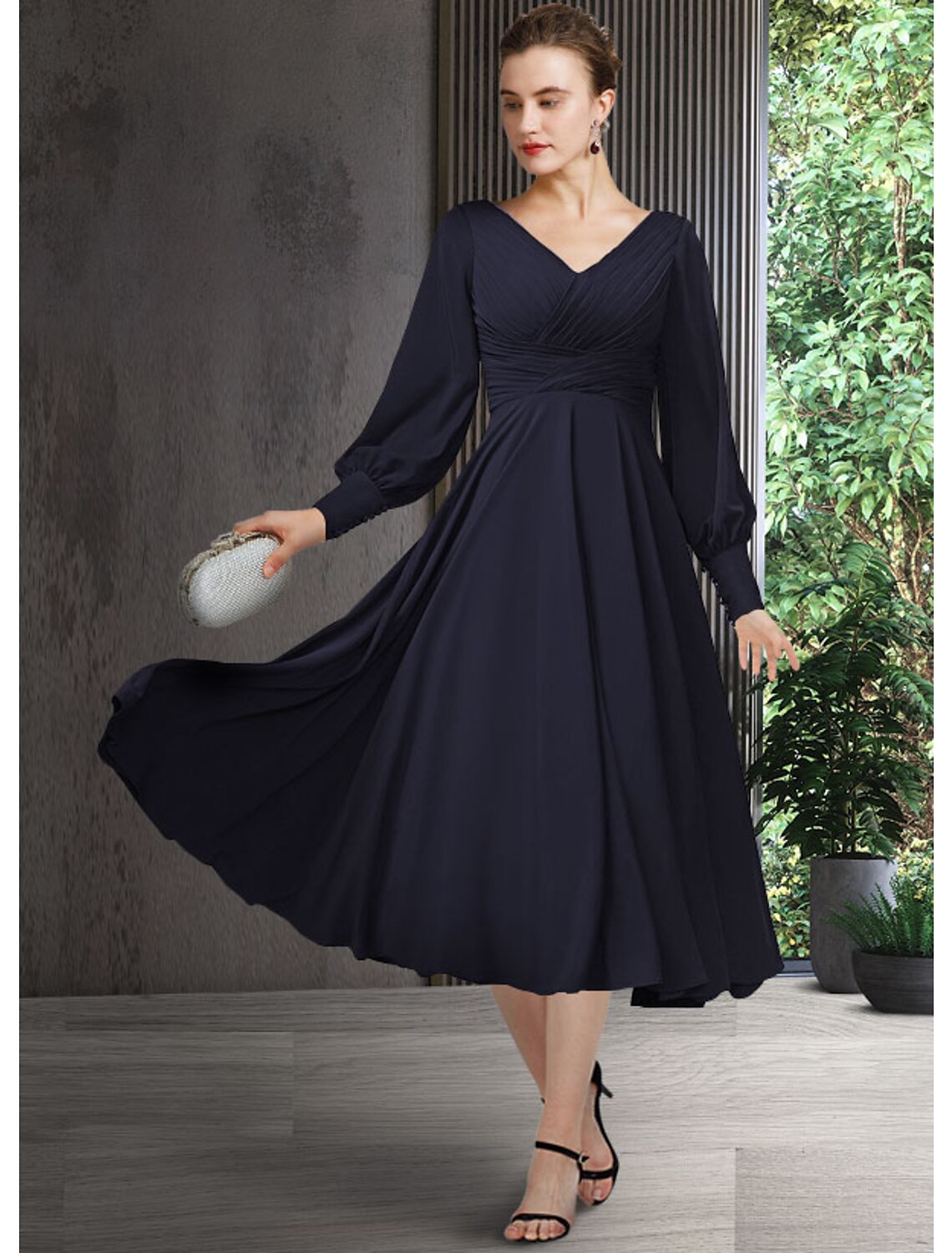 A-Line Mother of the Bride Dress Elegant V Neck Tea Length Chiffon Short Sleeve Long Sleeve with Pleats Ruching