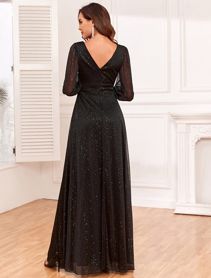 A-Line Evening Gown Empire Black Dress Party Gothic Tulle Dress Floor Length Long Sleeve V Neck V Back with Glitter Slit