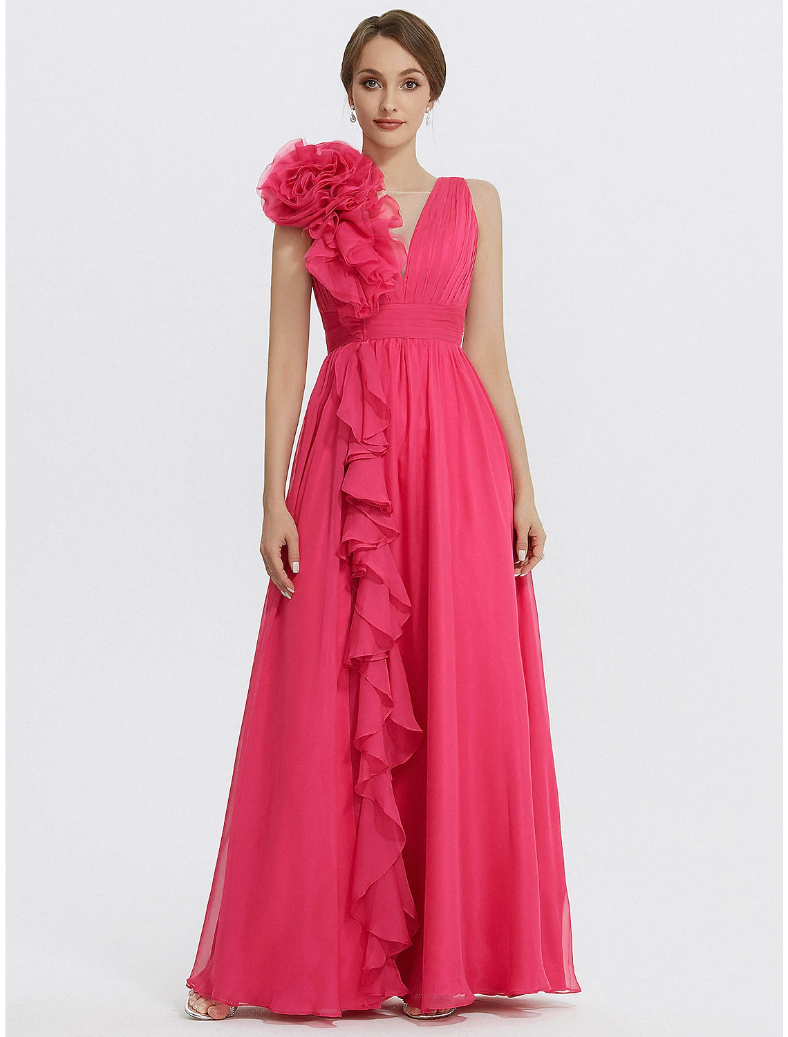 A-Line Evening Gown Floral Dress Formal Wedding Guest Floor Length Sleeveless V Neck Chiffon with Ruched Appliques