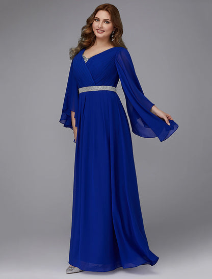 A-Line Plus Size Dress Wedding Guest Formal Evening Floor Length Long Sleeve V Neck Chiffon Lace-up with Crystals Sequin