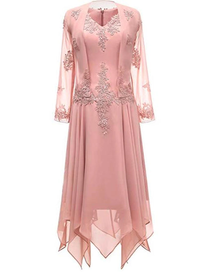 Two Piece A-Line Mother of the Bride Dress Wedding Guest Church Wrap Included V Neck Knee Length Chiffon 3/4 Length Sleeve with Pleats Appliques