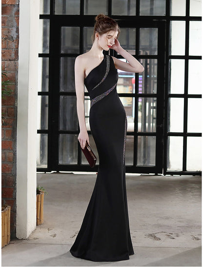 Mermaid / Trumpet Evening Gown Sexy Dress Wedding Guest Formal Evening Floor Length Sleeveless One Shoulder Stretch Satin with Crystals