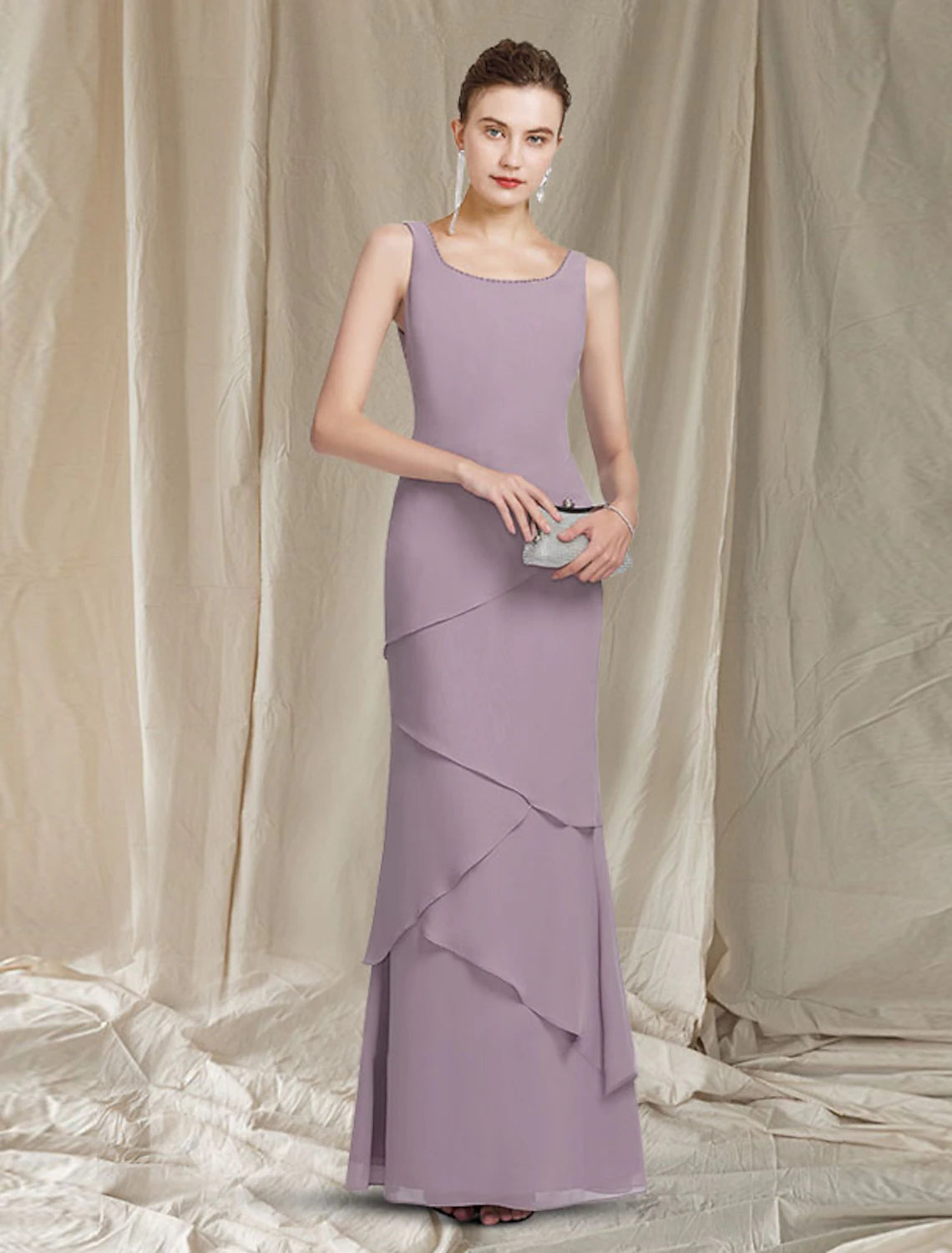 Two Piece Sheath / Column Mother of the Bride Dress Elegant Scoop Neck Floor Length Chiffon Sleeveless Wrap Included with Beading Cascading Ruffles