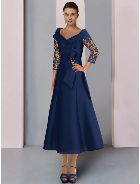 Share   A-Line Mother of the Bride Dress Wedding Guest Elegant Petite V Neck Tea Length Satin Lace 3/4 Length Sleeve with Bow(s) Crystal Brooch Ruching