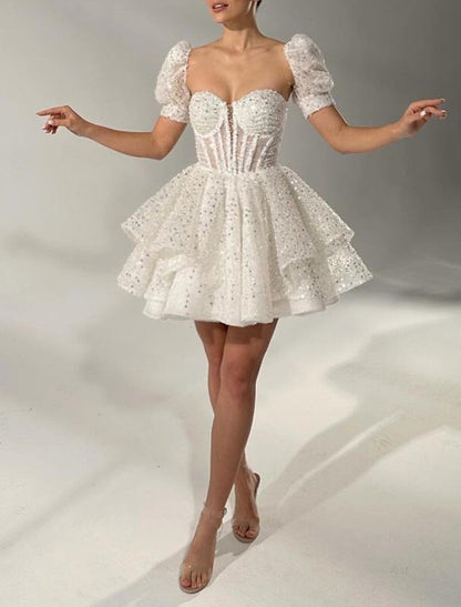 A-Line Cocktail Dresses Corsets Dress Wedding Guest Birthday Short / Mini Short Sleeve Square Neck Sequined with Pearls Sequin