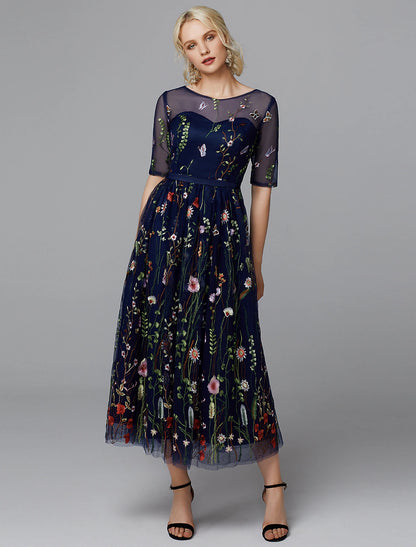 A-Line Floral Dress Valentine's Day Wedding Guest Tea Length Half Sleeve Illusion Neck Lace with Embroidery Appliques