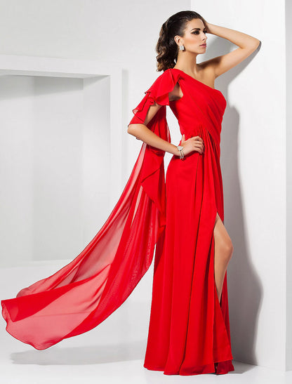 Sheath Christmas Red Green Dress Empire Wedding Guest Formal Evening Dress One Shoulder Sleeveless Floor Length Chiffon with Draping Slit