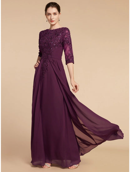 Sheath / Column Mother of the Bride Dress Wedding Guest Elegant Scoop Neck Floor Length Chiffon Lace Half Sleeve with Pleats Sequin