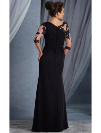 Sheath Black Dress Plus Size Evening Gown Elegant Dress Formal Evening Floor Length Half Sleeve Jewel Neck Fall Wedding Guest Lace with Appliques