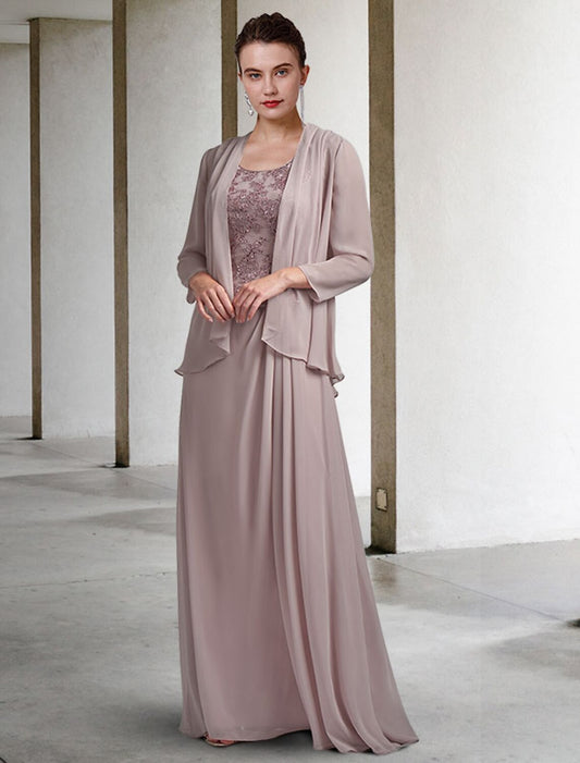 Column Mother of the Bride Dress Plus Size Elegant Jewel Neck Floor Length Chiffon Lace Sleeveless Wrap Included with Sequin Applique