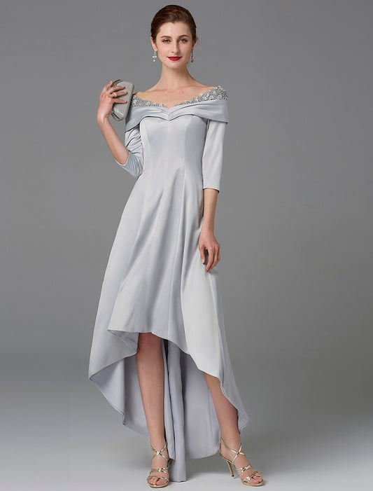 A-Line Mother of the Bride Dress Sparkle & Shine High Low Off Shoulder Asymmetrical Satin Half-Sleeve with Lace Crystals