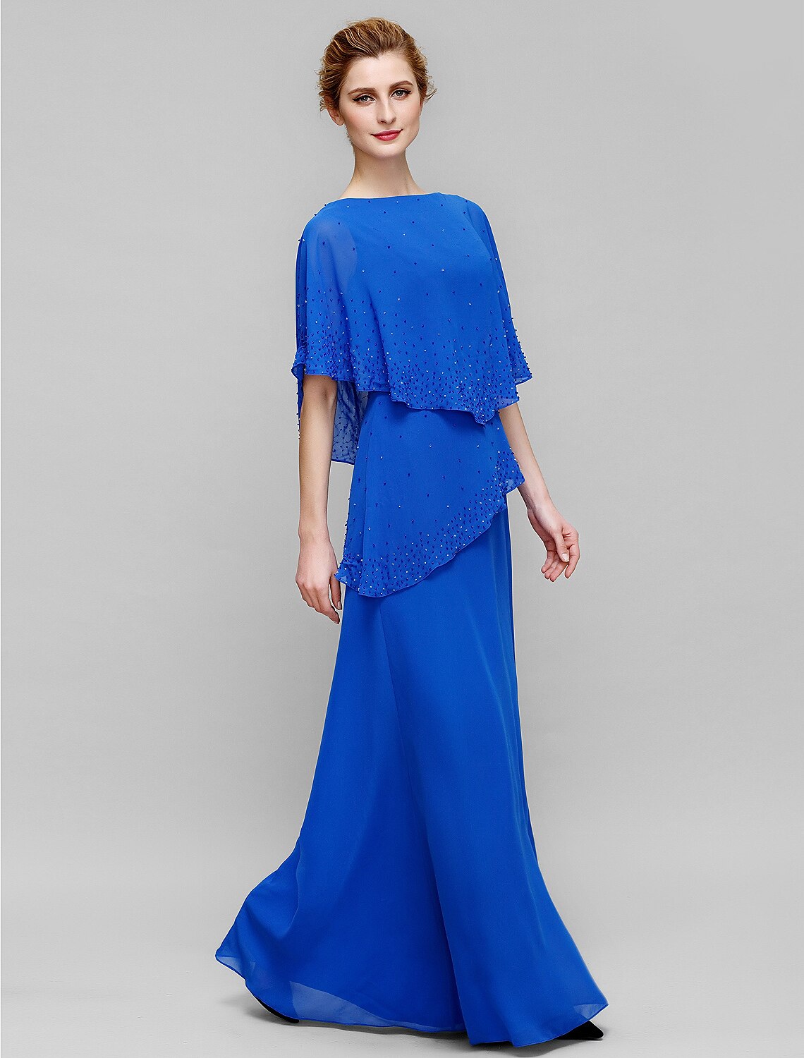 Sheath / Column Mother of the Bride Dress Elegant Bateau Neck Floor Length Chiffon Sleeveless with Beading