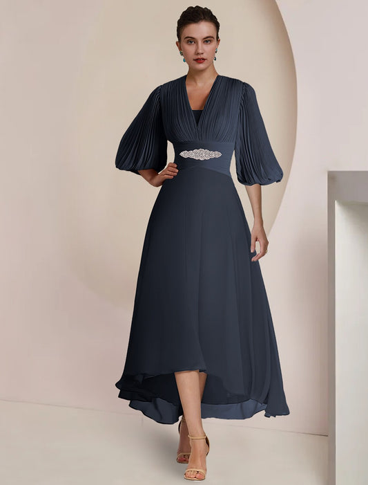 A-Line Mother of the Bride Dress Formal Wedding Guest Party Vintage Elegant V Neck Tea Length Chiffon 3/4 Length Sleeve with Pleats Crystals