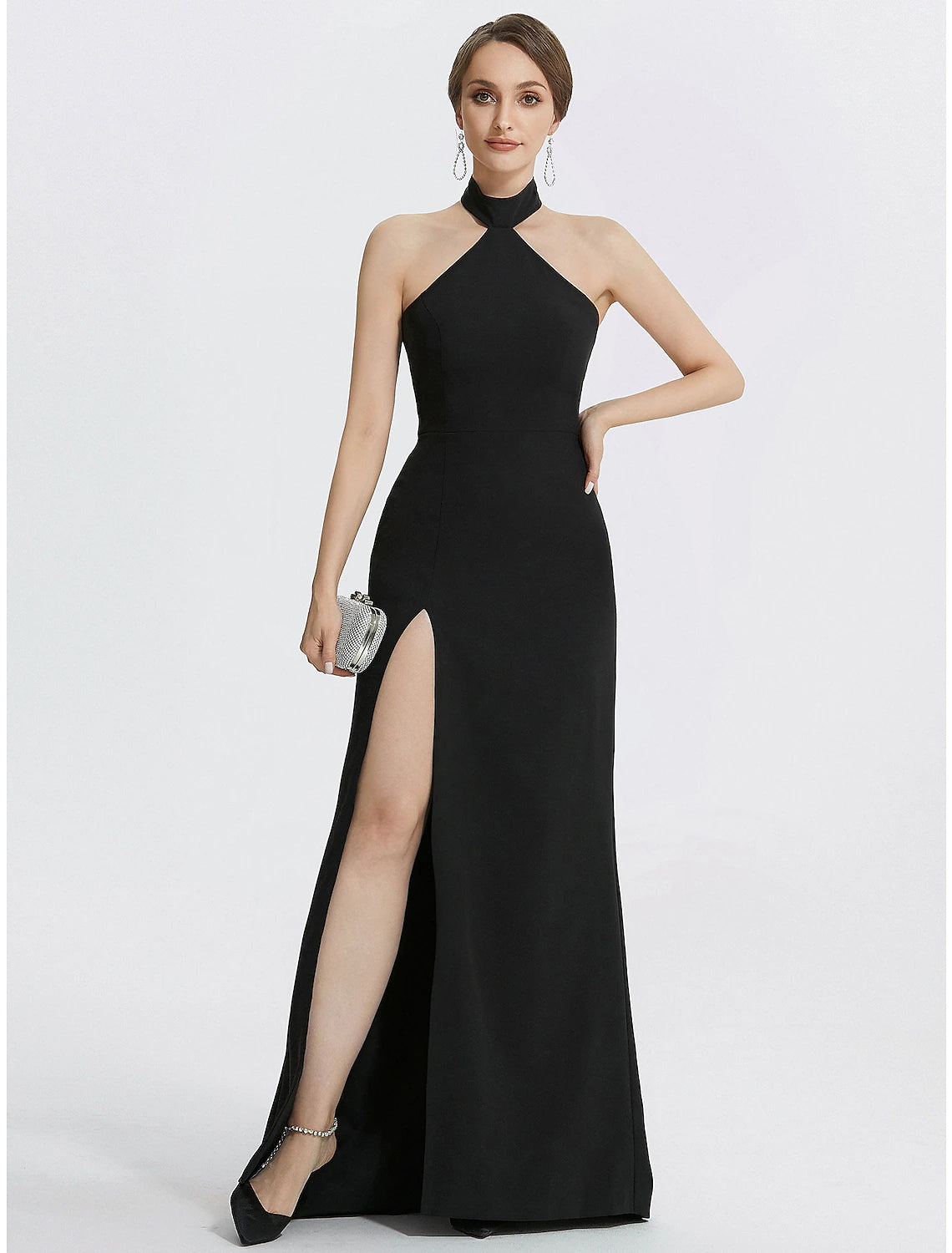 Sheath / Column Evening Gown Black Dress Dress Wedding Guest Prom Floor Length Sleeveless Halter Neck Stretch Fabric with Ruched