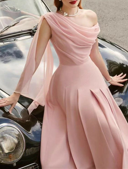 A-Line Cocktail Dresses Elegant Dress Wedding Guest Tea Length Sleeveless Cowl Neck Stretch Chiffon with Ruched