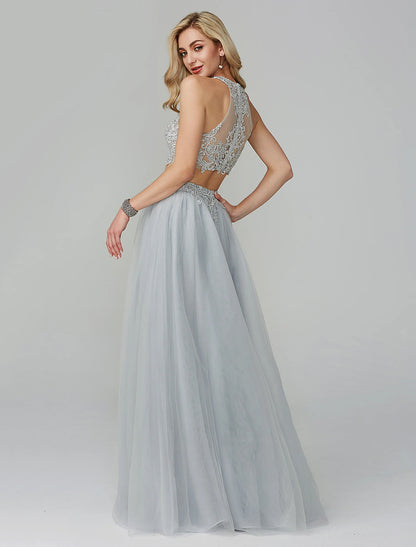 Two Piece Empire Dress Wedding Guest Prom Floor Length Sleeveless Halter Neck Lace with Appliques