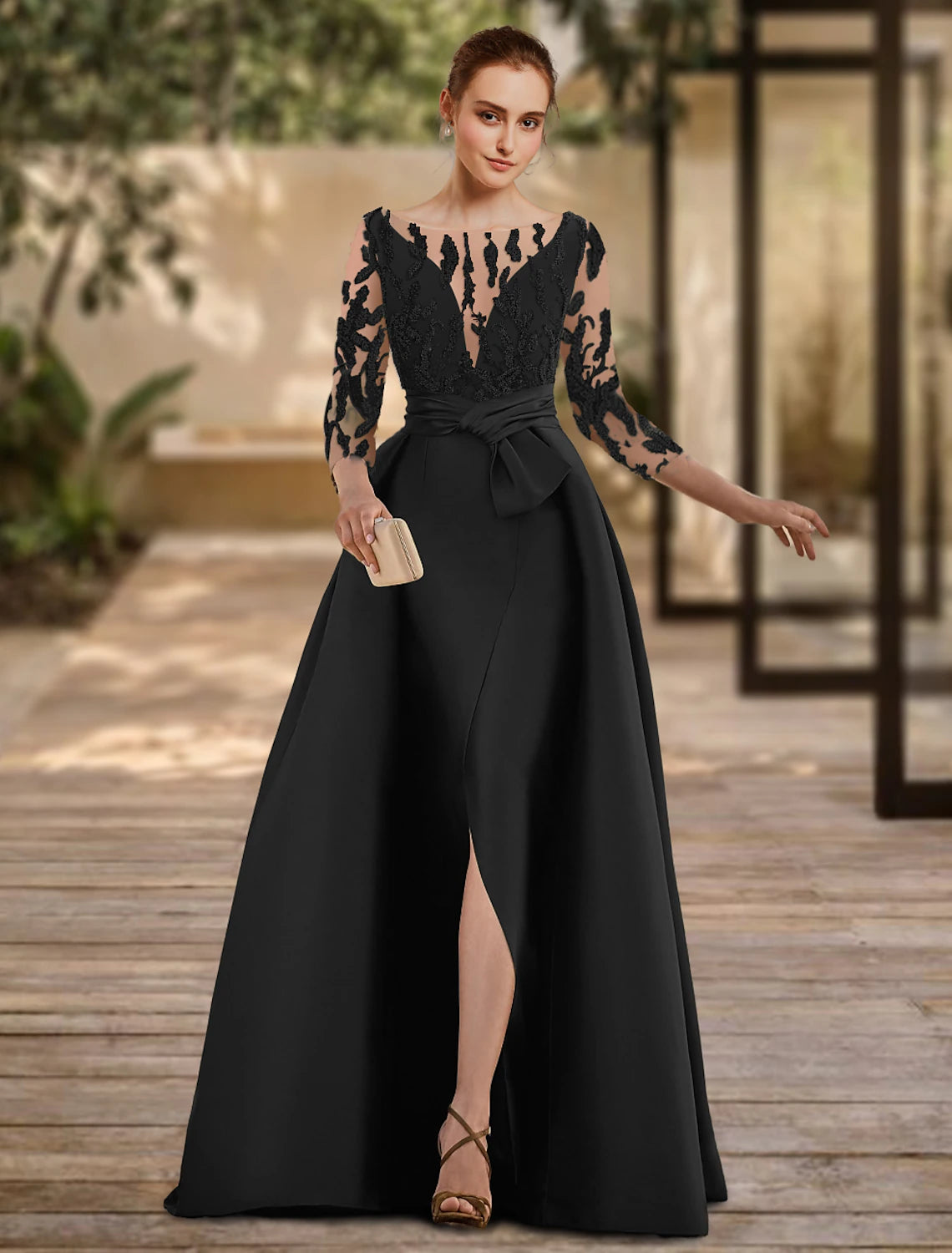 A-Line Evening Gown Open Back Dress Formal Wedding Guest Floor Length 3/4 Length Sleeve Scoop Neck Lace with Slit Strappy